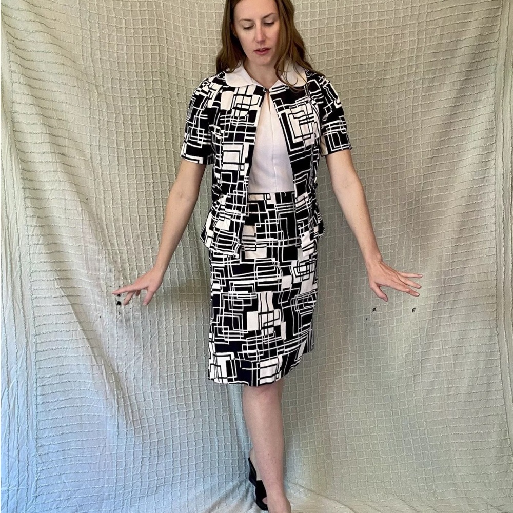Vintage 60s Mod Black & White Geometric Print Dress Jacket Set by Rona size M - Picture 4 of 15